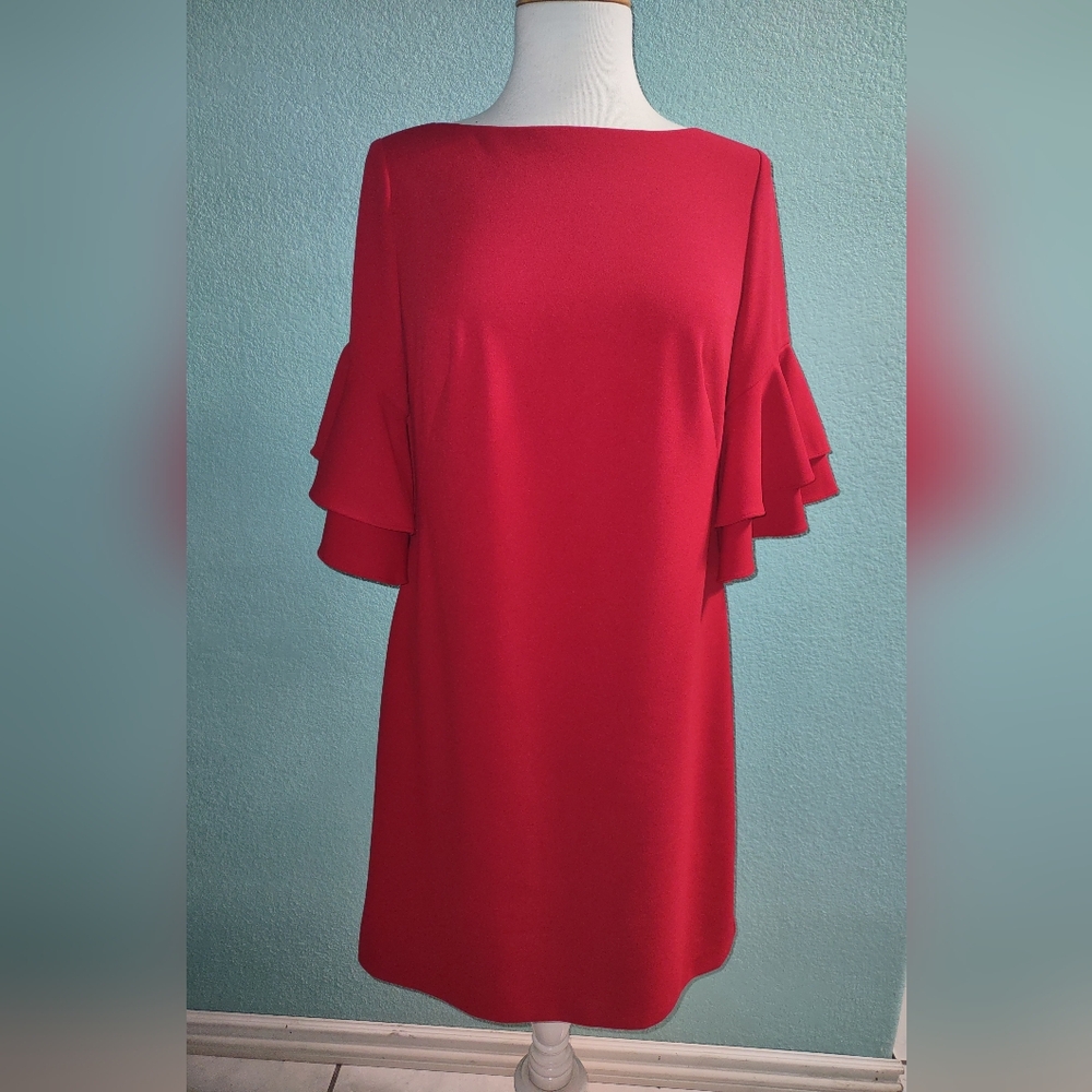 Lauren Ralph Lauren Sz 8 Red Sheath Dress Stretch Flutter Sleeves